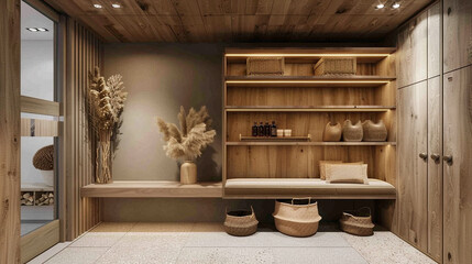 A stylish mudroom with a comfortable bench, a stylish shelving, and a natural material wall