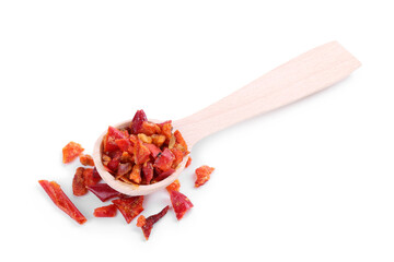 Aromatic spice. Red chili pepper flakes in spoon isolated on white