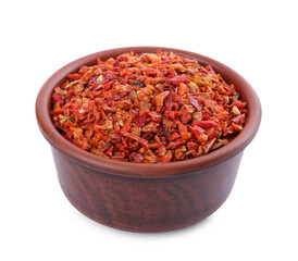 Aromatic spice. Red chili pepper flakes in bowl isolated on white