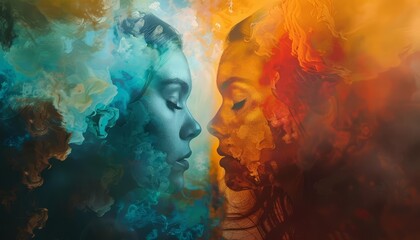 Two ethereal women face each other, made of blue and orange light.