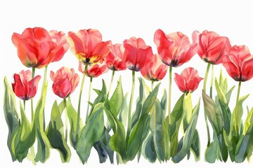 Bright tulips stand tall under the sun, watercolor painting on a white background