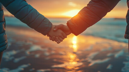 Two people hold hands against a backdrop of the ocean with the setting sun reflecting off the water, creating a warm, serene scene - Generative AI - Powered by Adobe