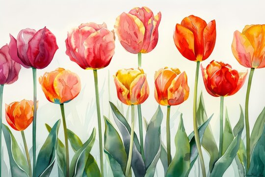 Bright tulips stand tall under the sun, watercolor painting on a white background