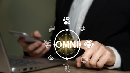 Concept of online digital marketing, business and social media marketing. Omni channel marketing.