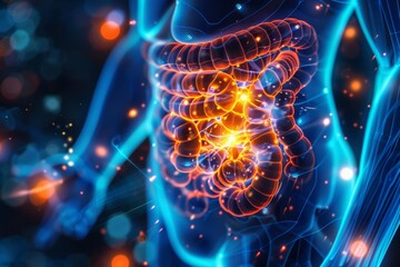 Celiac disease is depicted through an immune response in the gut, visualizing inflammation and gluten reaction, close up hitech concept