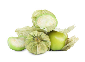 Fresh green tomatillos with husk isolated on white