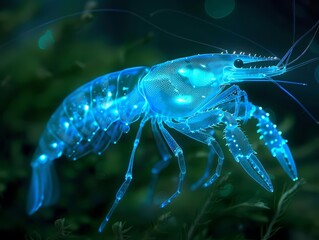 A glowing blue crayfish in the ocean.