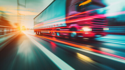 Fototapeta premium Abstract motion blur of delivery trucks on the move, symbolizing the fast pace of online order fulfillment and shipping, ecommerce background, with copy space
