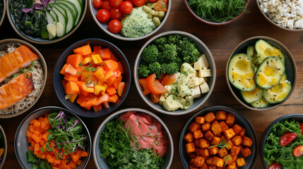 A variety of fresh vegetables in bowls on the table provide essential ingredients for healthy recipes, highlighting the importance of natural and local foods in cuisines worldwide