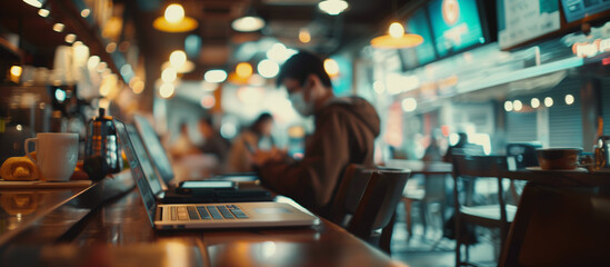 Soft focus on a crowded coffee shop with individuals using laptops and smartphones, symbolizing mobile shopping and e-commerce activity, ecommerce background, with copy space