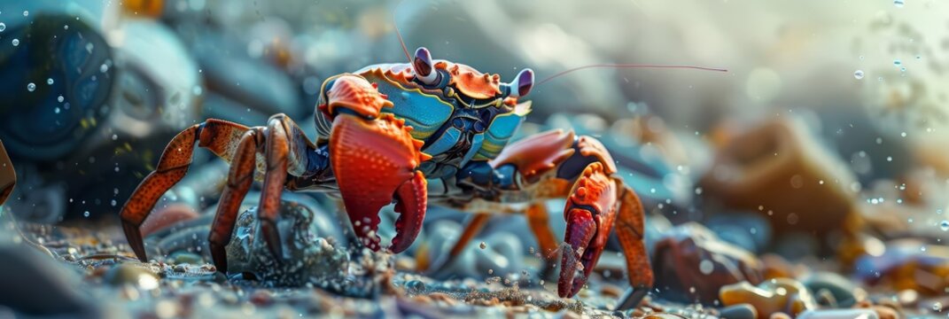 Picture a crab with robotic pincers, expertly sorting and recycling ocean debris, a closeup strange style hitech ultrafashionable concept