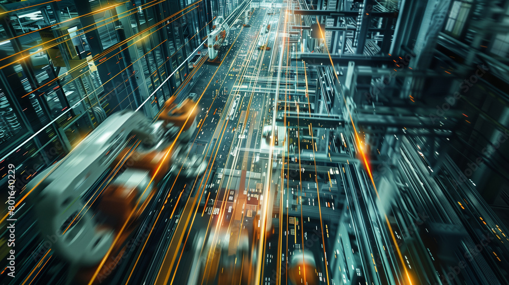 Poster an overhead blur of a factory floor with robotic arms in operation, connected by glowing lines that 