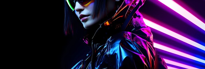Futuristic cool: stylish model in edm-inspired attire with vibrant neon lights, perfect for modern themes and dynamic cover art