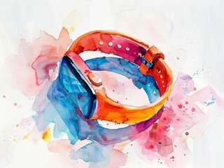 The fitness tracker logs miles and heart rate, watercolor painting on a white background