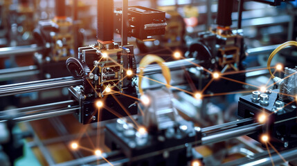 Soft focus on a group of industrial 3D printers creating components, interconnected by a network grid that represents the flow of digital instructions and feedback, smart manufactu