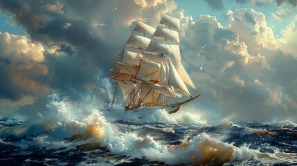 large sailboat sailing ocean cloudy day gorgeous highly low pressure system trailing white vapor stunningly churning imagery - obrazy, fototapety, plakaty