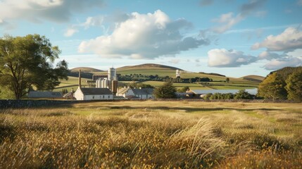 A picturesque view of a whisky distillery's scenic location, with a backdrop of rolling hills and a clear, blue sky.