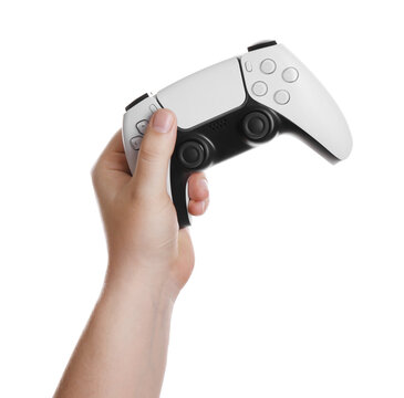 Woman holding wireless game controller on white background, closeup