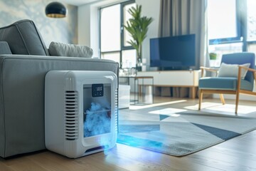 A white air purifier is on a wooden floor in a living room. Summer heat concept