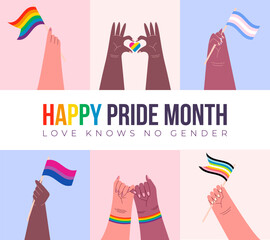 Happy Pride Month Banner, Background. People Holding LGBT Flags Celebrating Diversity and Equality During Pride Month. Vector Illustration.