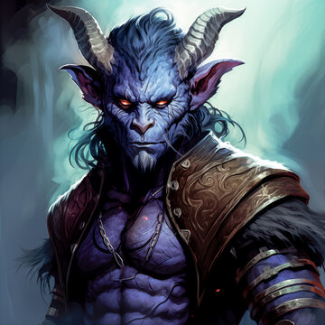 feral tiefling with horns in intimidating pose