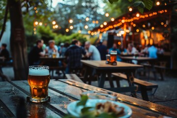 View into a beer garden with people in the background and soft camera bokeh.