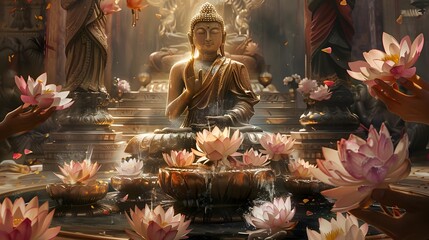 Serene Buddha statue with floating lotus in a peaceful temple setting
