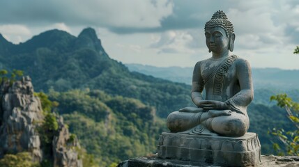 Serene Buddha statue with mountain backdrop, a symbol of peace and spirituality