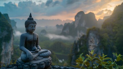 Serene Buddha statue with mountain backdrop, a symbol of peace and spirituality
