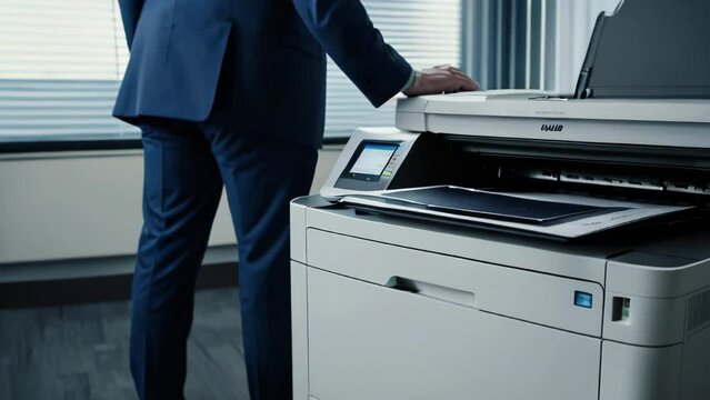 A businessman uses a multifunction laser printer in the office for document and paperwork, including tasks such as copying, printing, scanning, and faxing