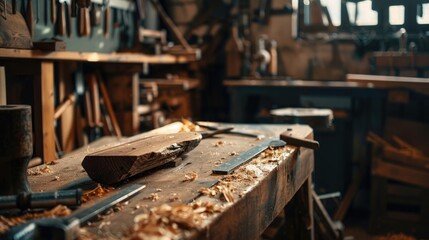 A picturesque view of a woodworking bench with tools and a piece of raw wood, ready to be transformed into a work of art, embodying the essence of creativity on National Creativity Day.