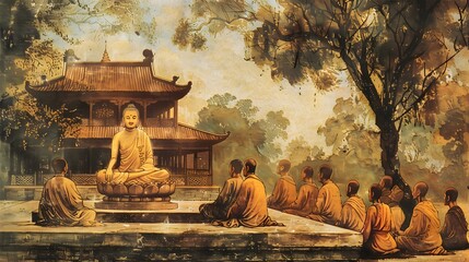 Serene Buddhist temple scene with monks meditating around a Buddha statue in a peaceful setting - obrazy, fototapety, plakaty