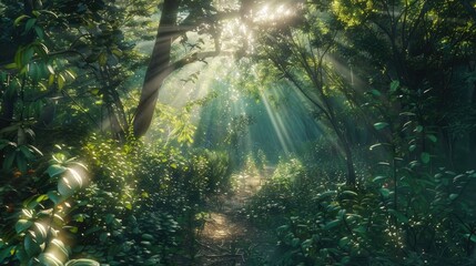 A picturesque view of a winding path through a lush forest, with rays of light filtering through the canopy, symbolizing the journey of self-discovery on World Schizophrenia Day.