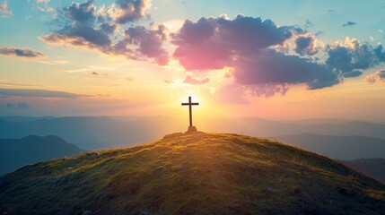 The powerful silhouette of a cross at sunset, standing atop a hill as a beacon of hope and a symbol of sacrifice and redemption in Christian faith.