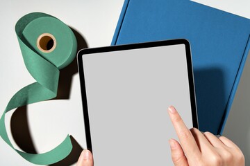 Tablet blank screen, packing parcel box, online shop business owner