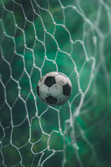 soccer ball in a goal net close up. High quality photo