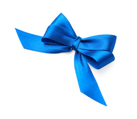 Blue satin ribbon bow on white background