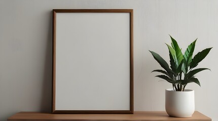 Minimalist Wooden Picture Frame Mockup on White Wallpaper, Interior Design Showcase, Art Gallery Advertisement, Product Showcase