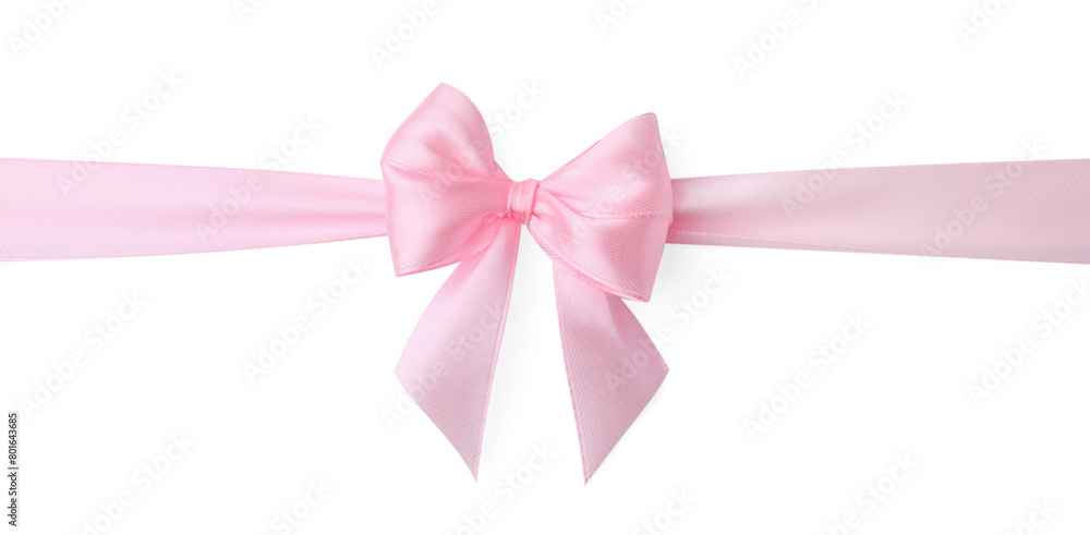 Wall mural Pink satin ribbon with bow isolated on white, top view - Wall murals
