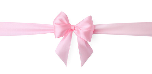 Pink satin ribbon with bow isolated on white, top view