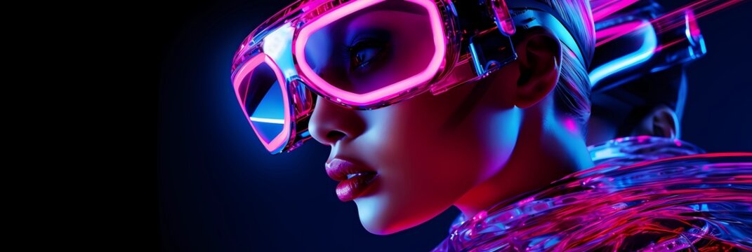 Captivating image of a fashion model donning futuristic eyewear and clothing, bathed in vibrant neon lights, capturing the spirit of edm and techno music culture and cutting-edge fashion