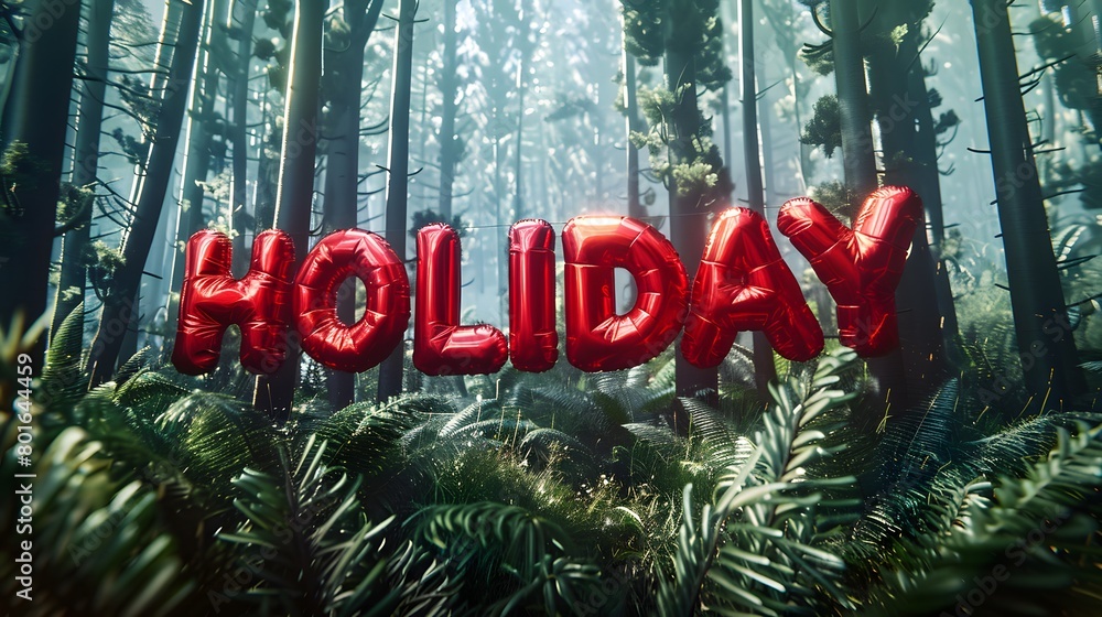 Poster red holiday balloons floating in a serene forest setting with sunlight filtering down