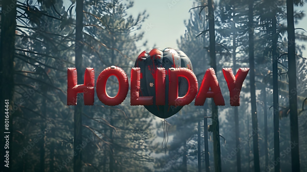 Poster red holiday balloons floating in a serene forest setting with sunlight filtering down