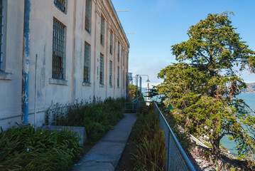 Fototapeta na wymiar Alcatraz prison scene in San Francisco, USA. Aged building with barred windows, pathway with chain link fence, and greenery. Nature and history contrasted.