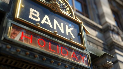 Elegant bank signage displaying 'Bank Holiday' in bright lights on a sunny day