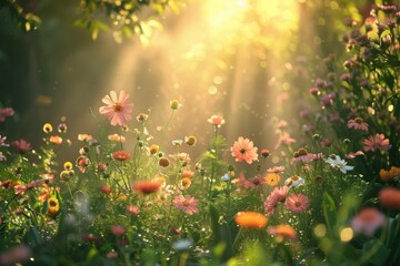 Soft morning light illuminating flower garden