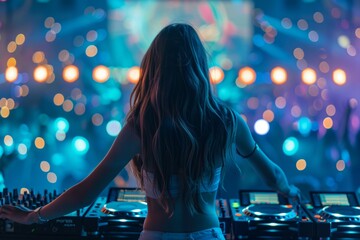 A woman is standing in front of a DJ booth, wearing a white top