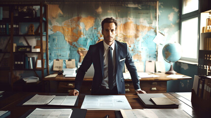 Portrait of handsome businessman in black suit standing at his desk