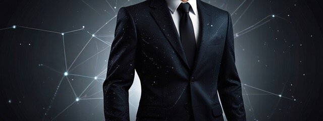 the figure of a man in a suit with a white shirt and a burgundy tie, neon lines and constellations around the suit