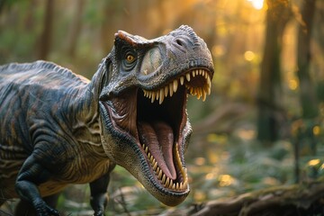 Capture the moment of an Allosaurus roaring in a display of dominance, its powerful jaws open wide with sharp teeth glistening in the sunlight